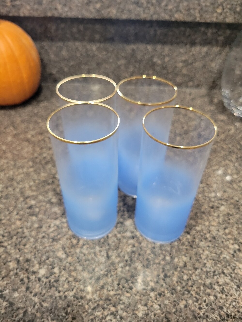 Anthropologie Dobra Style Blue Ombre Frosted Glass Tumblers Gold Rim Set of 4